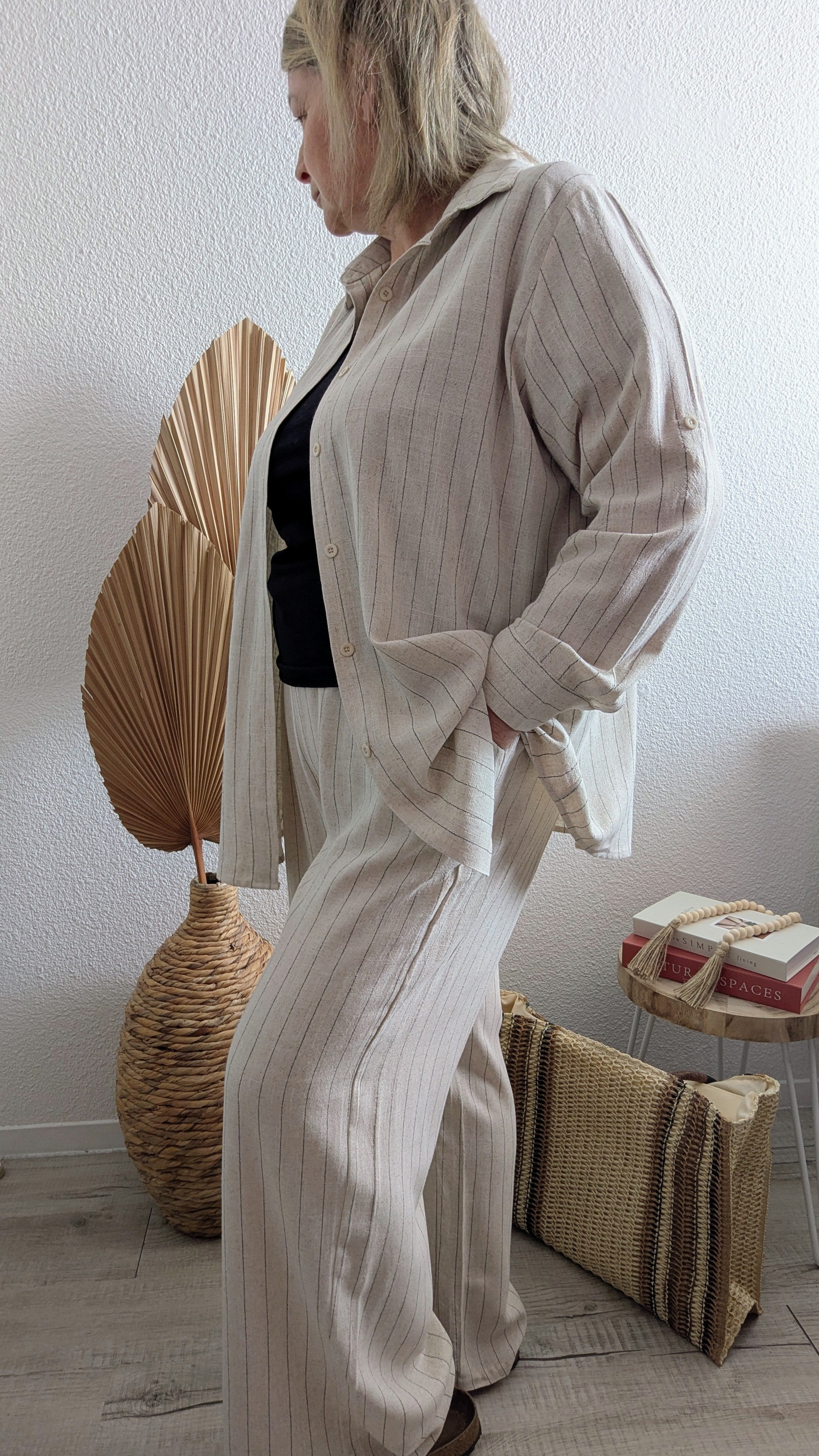 Ensemble pantalon et chemise Clara en lin rayure fine