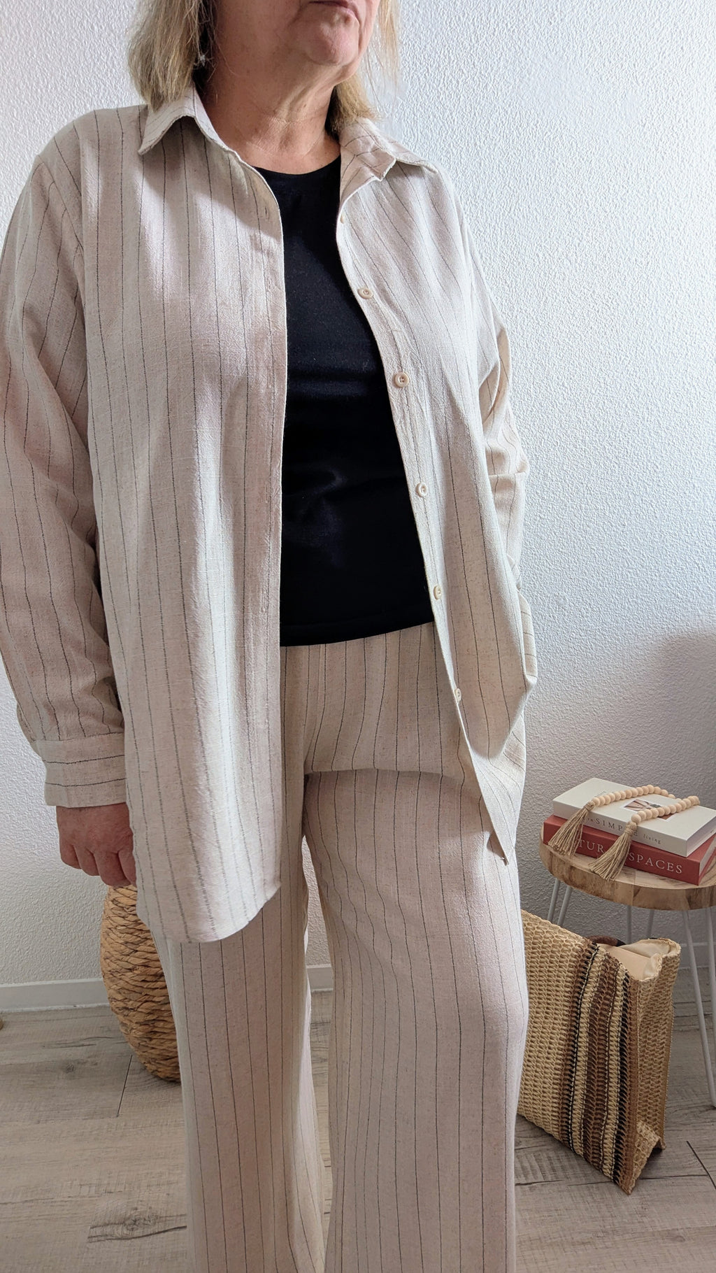 Ensemble pantalon et chemise Clara en lin rayure fine