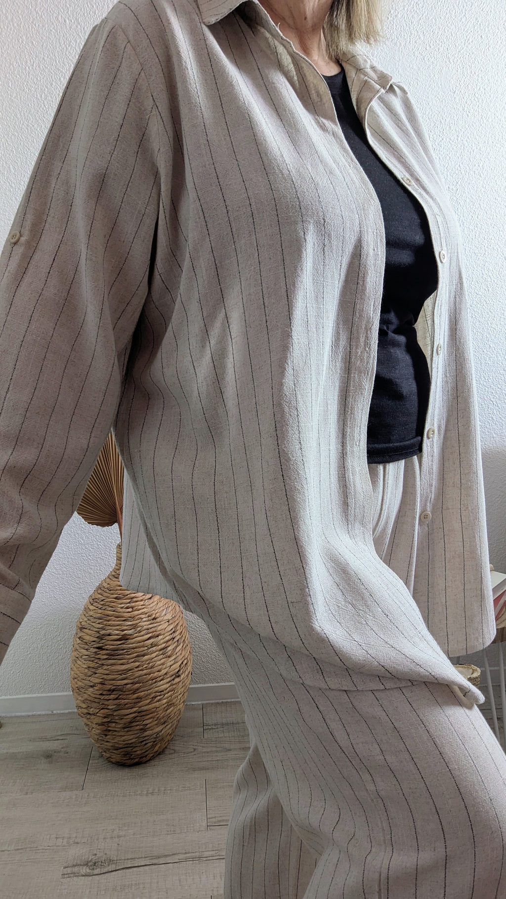 Ensemble pantalon et chemise Clara en lin rayure fine