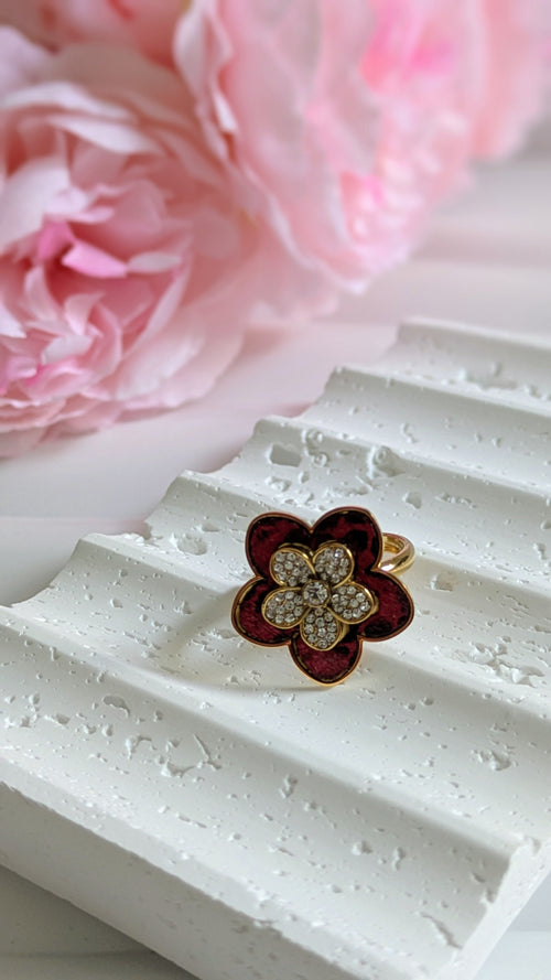 Bague en forme de fleur rouge en acier inoxydable
