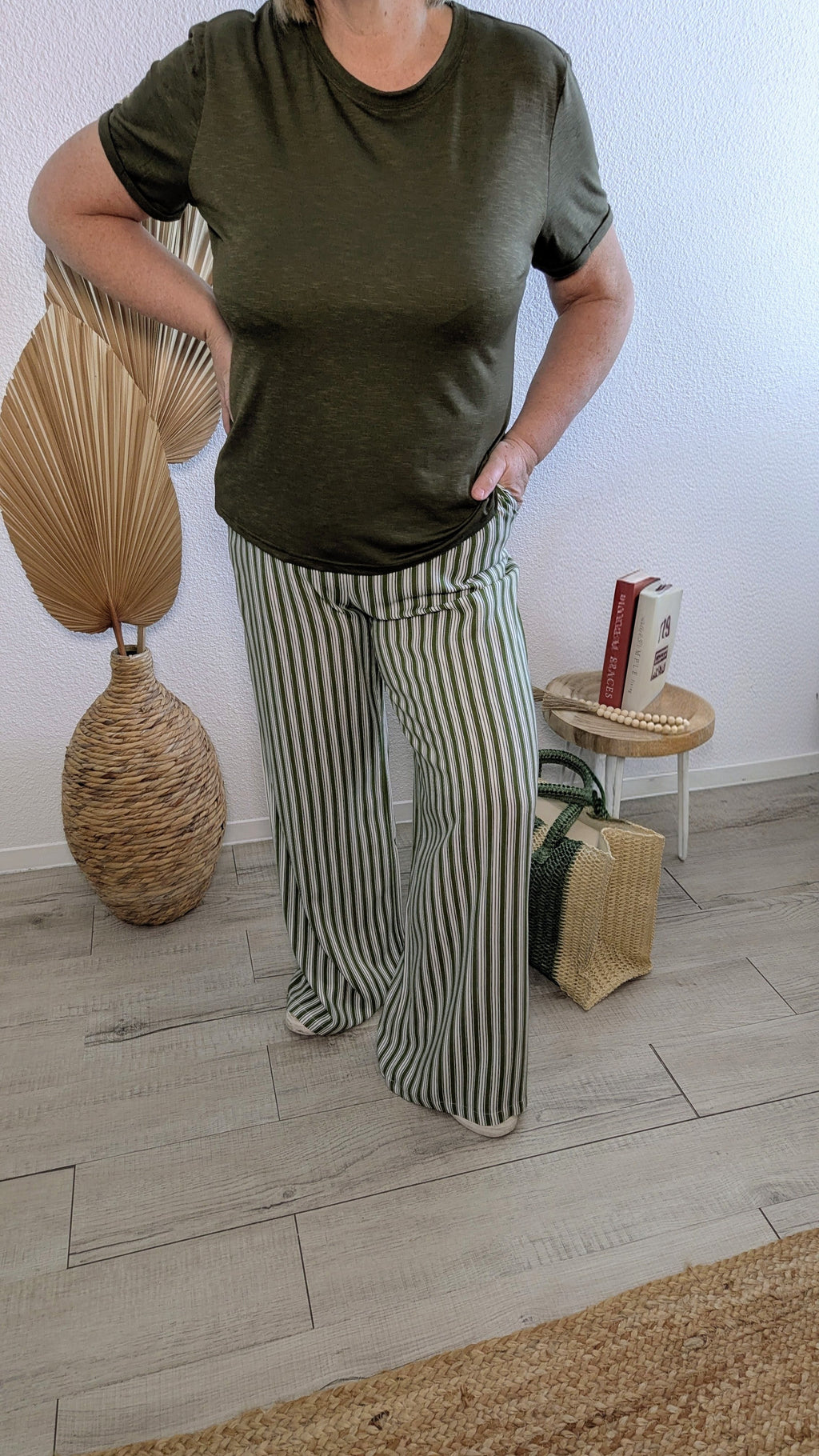 Pantalon Marin taille haute à rayure Kaki
