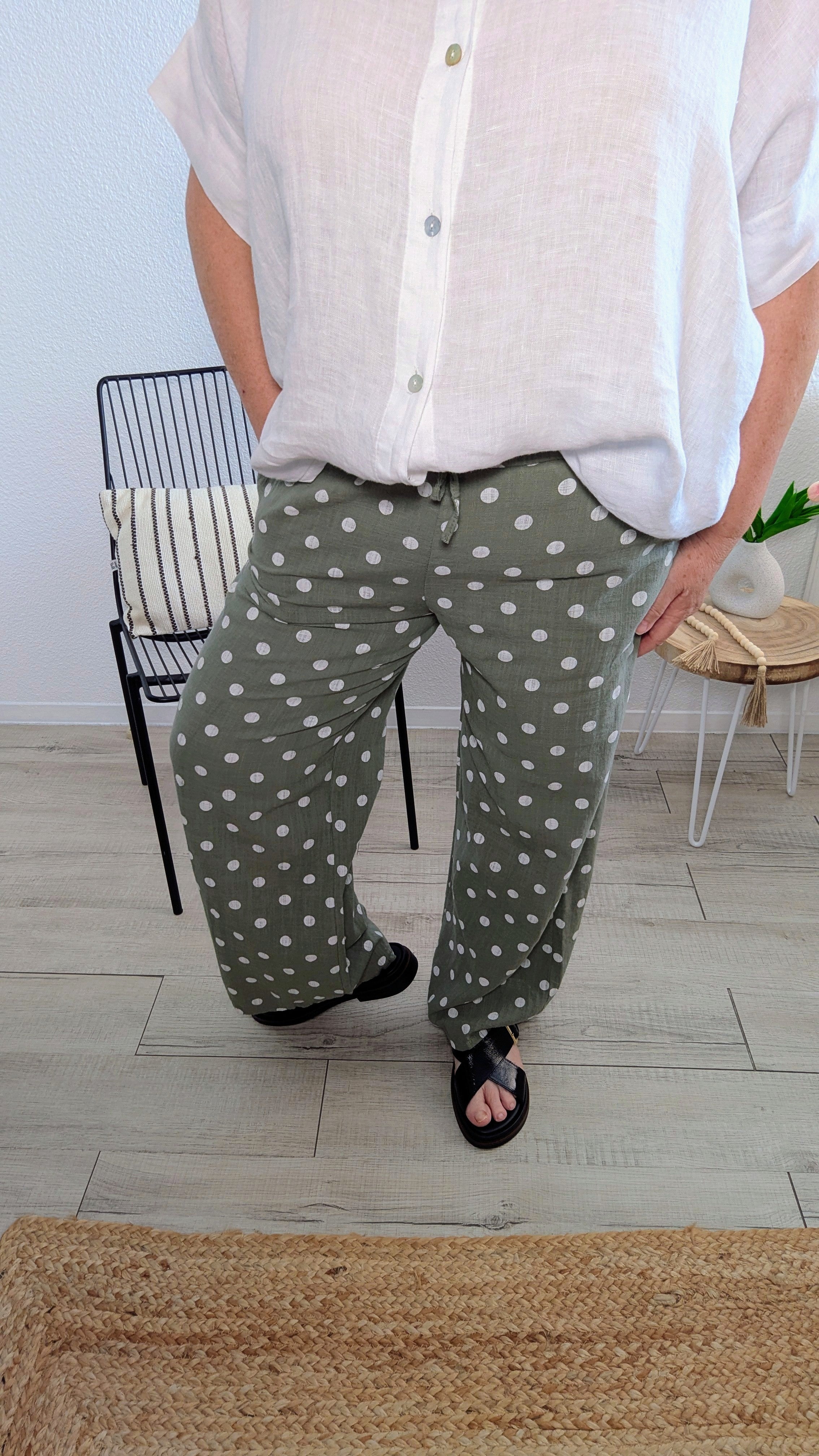 Pantalon Tom à pois kaki et blanc taille élastique