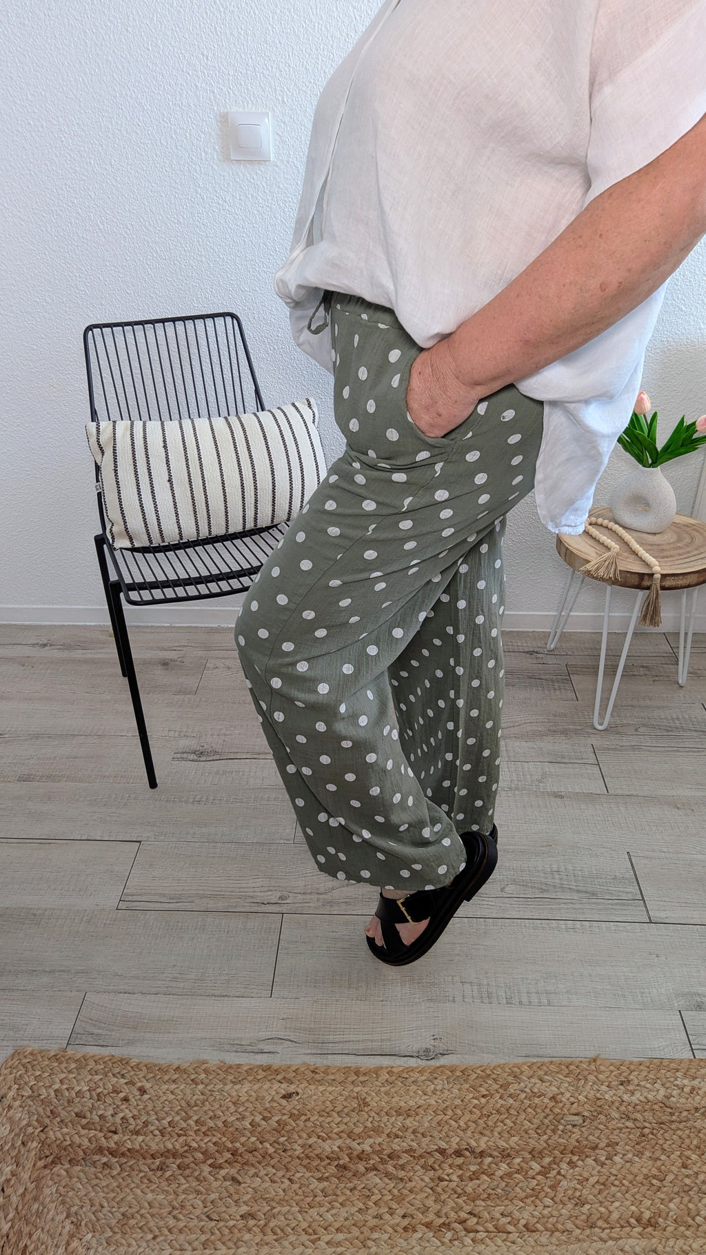 Pantalon Tom à pois kaki et blanc taille élastique