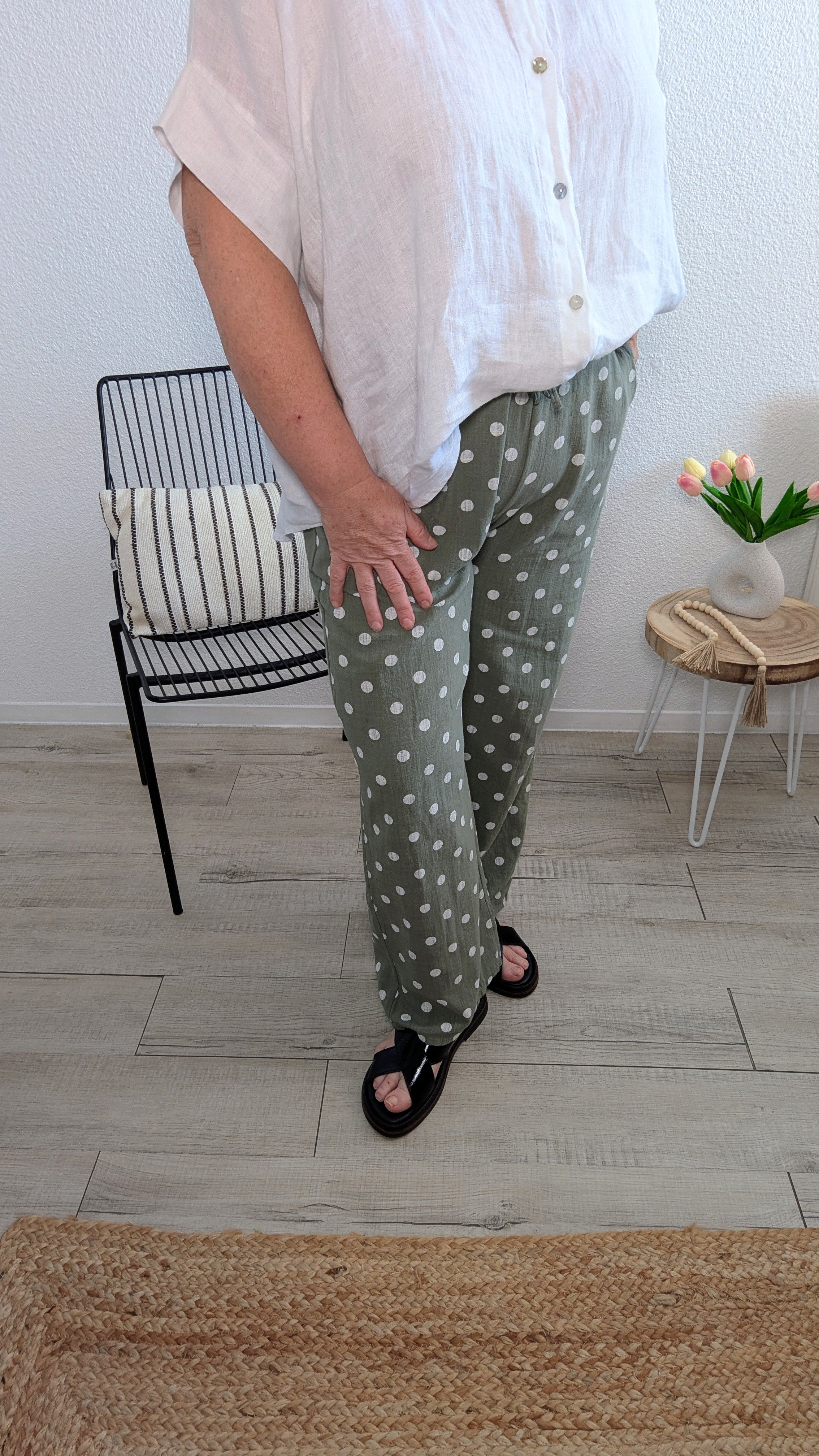 Pantalon Tom à pois kaki et blanc taille élastique