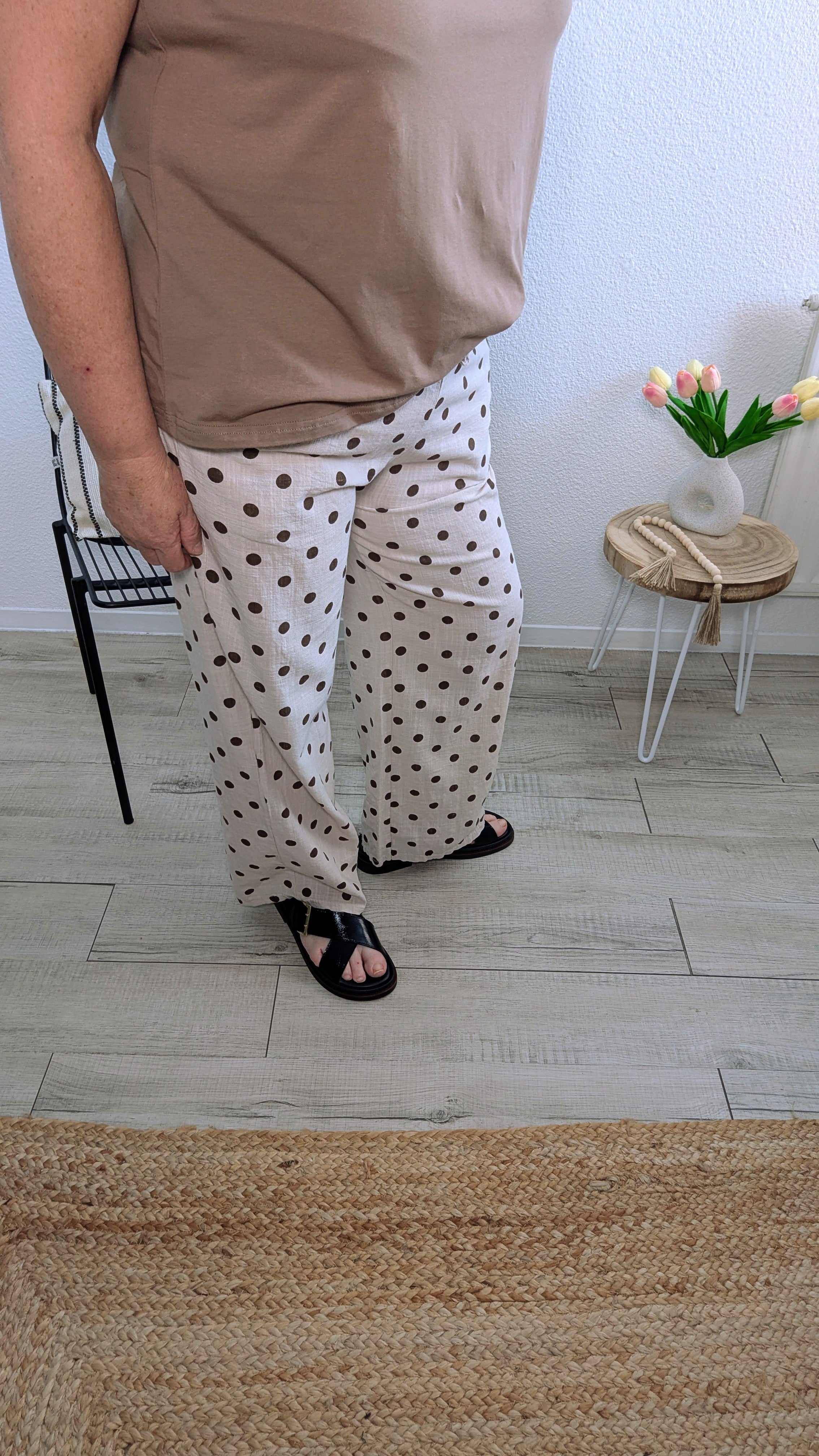 Pantalon Tom à pois beige et marron taille élastique