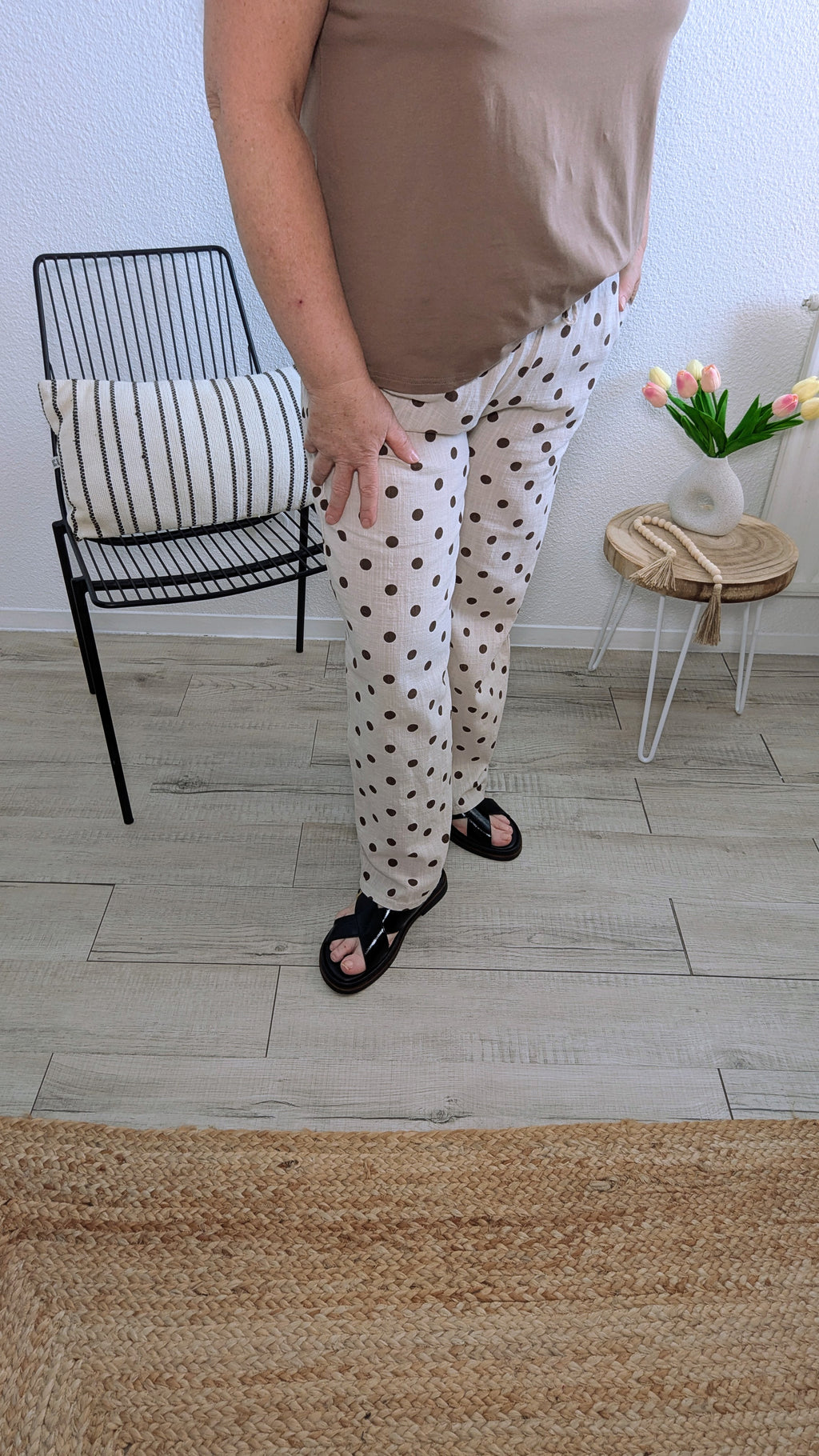 Pantalon Tom à pois beige et marron taille élastique