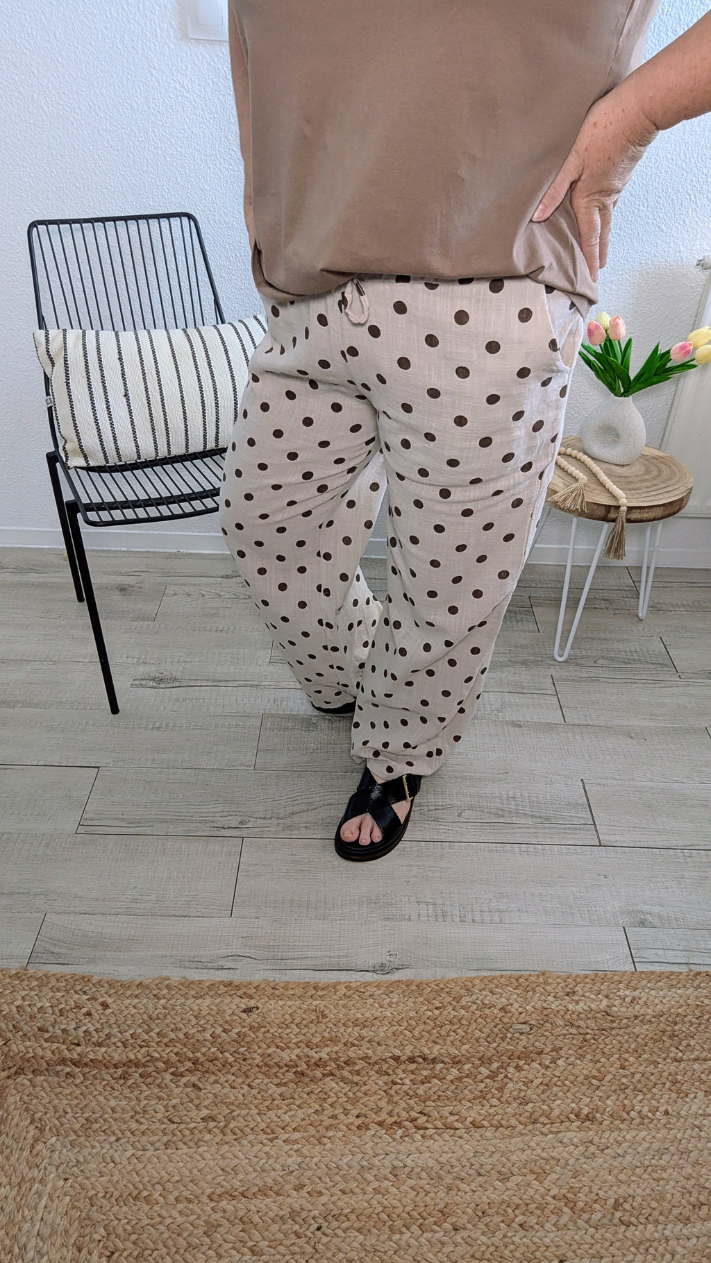 Pantalon Tom à pois beige et marron taille élastique